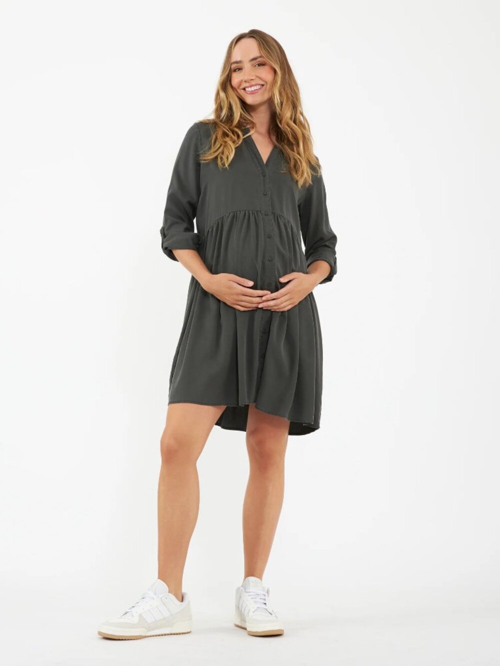 New Ripe Maternity Demi Tencel Olive Button-Front Babydoll Dress Medium
